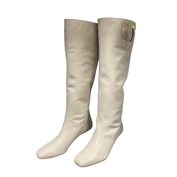 SALVATORE FERRAGAMO - Avivo Knee High Beige/Cream Leather Gancini Boot w/2” heel - Picture 3 of 9